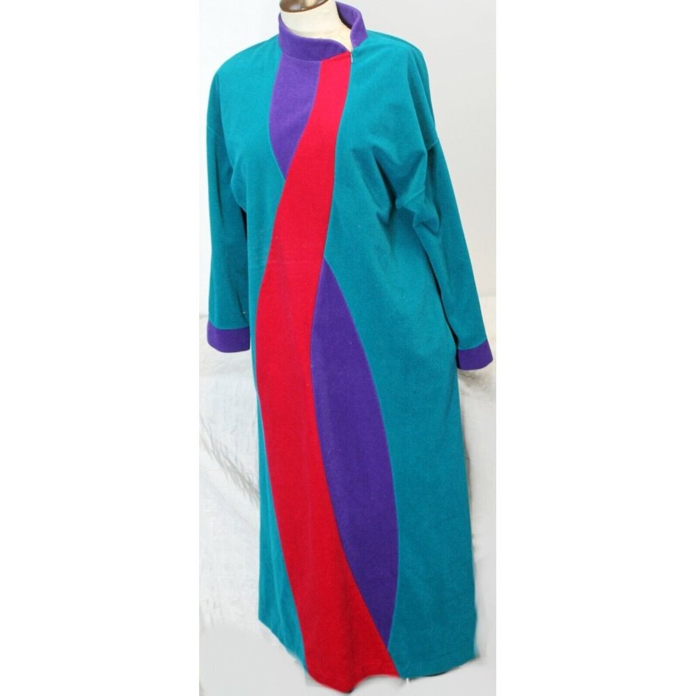 VTG 80s Vanity Fair Teal Fleece Housecoat Robe Women M Zip Long Sleeves Pockets